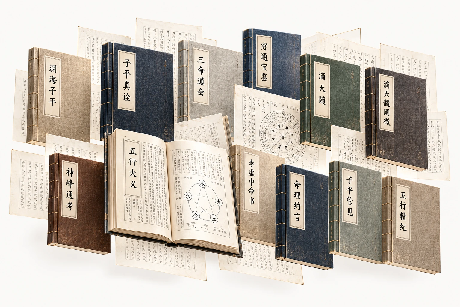 An illustrative collection of reference books and manuscript pages