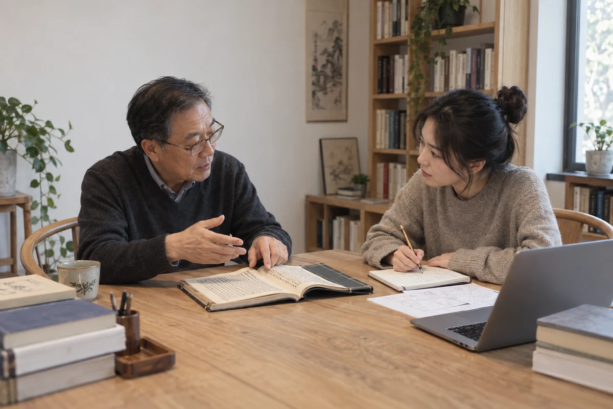 Generated scene of a researcher discussing reference books with a practitioner